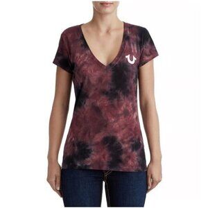 True Religion Tie-Dye Maroon Black V-Neck Classic T-Shirt Women’s Size Medium